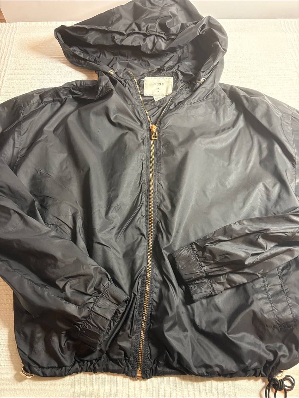 Forever 21 Black Hooded Windbreaker with Gold-Tone Zipper